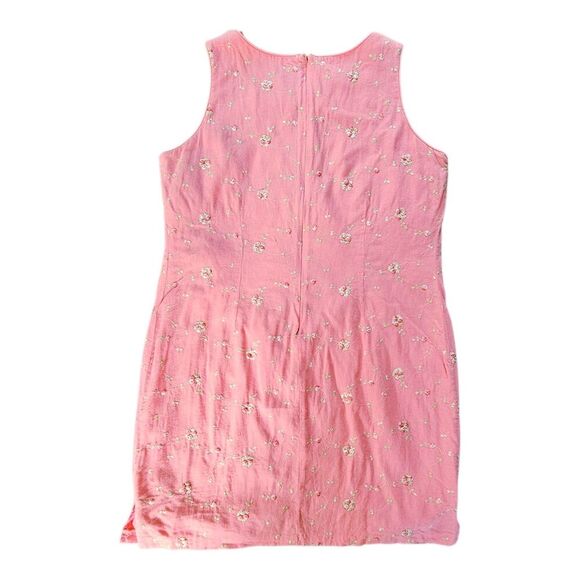 Vintage Floral Embroidered Pink Linen Blend Shift Dress Size 14 Romantic Lined - Picture 2 of 10